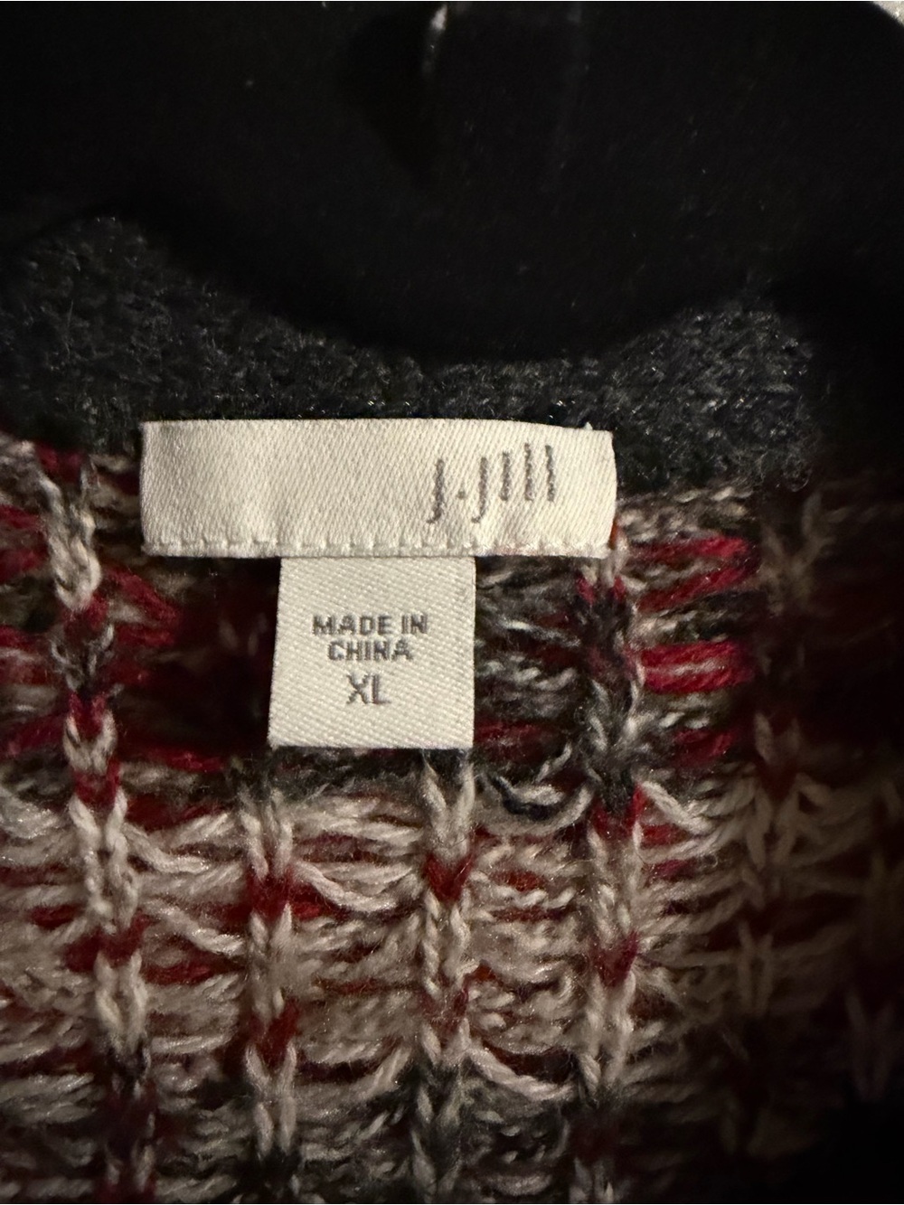 J. Jill Women's Gray and Burgundy Fair Isle Open Front Knit Cardigan Sweater - Picture 2 of 13